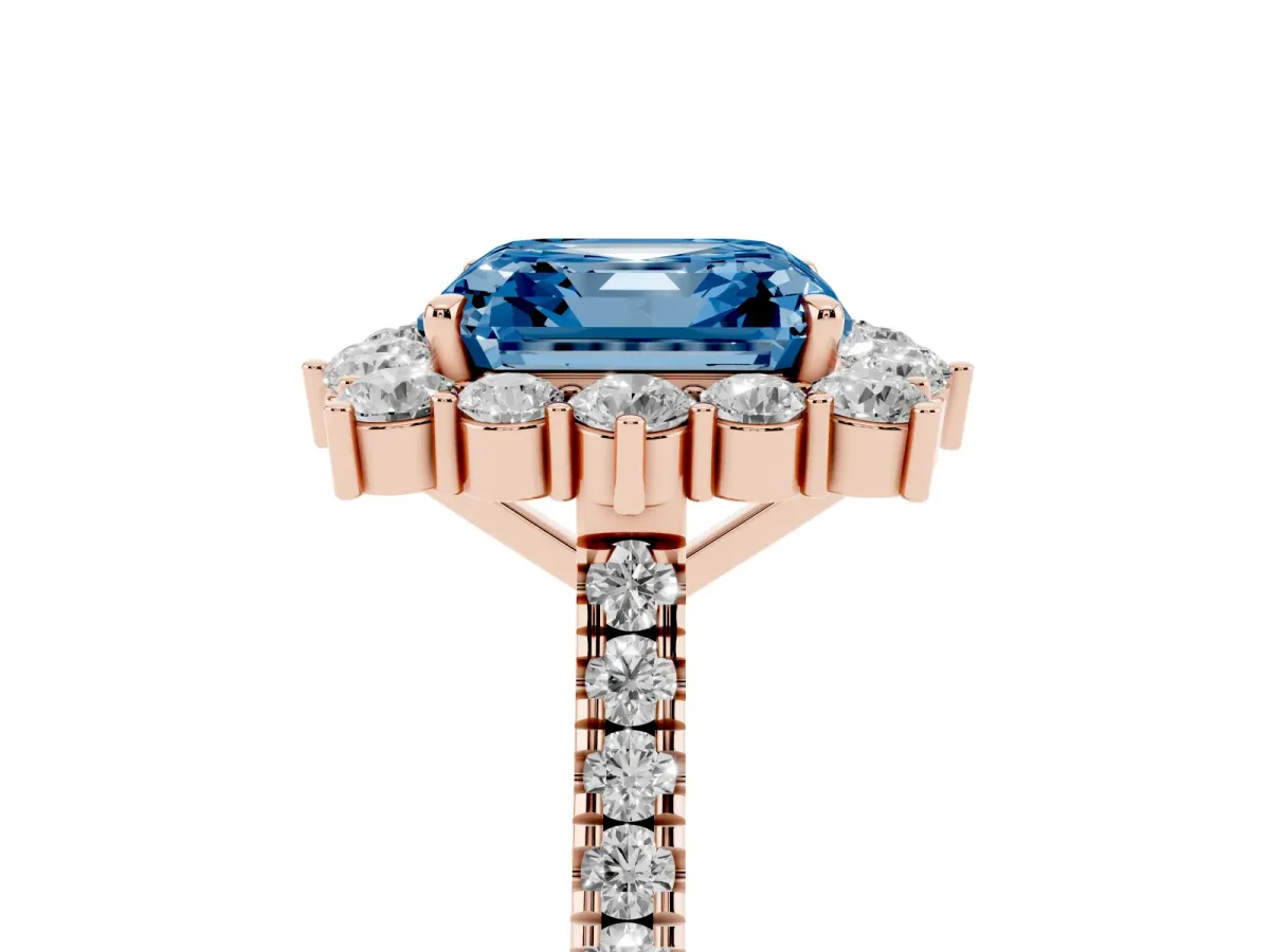 Fancy Blue Asscher Cut Halo Diamond Ring with Pavé Band and Prong Setting Rose gold