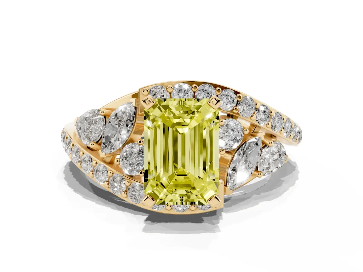 Fancy Yellow Emerald Cut Diamond Halo Ring with Marquise and Pavé Band in Prong Setting Yellow gold