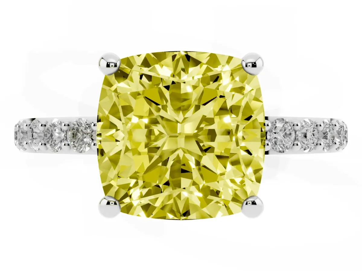 Fancy Yellow Cushion Cut Diamond Solitaire Ring with Round Pavé Band and Prong Setting Silver