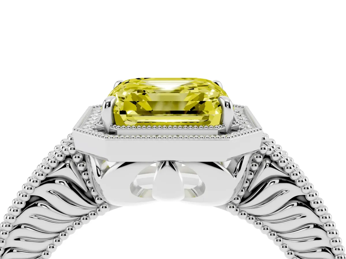 Fancy Yellow Asscher Cut Cut Halo Diamond Ring with Pavé Band and Four-Prong Setting Platinum