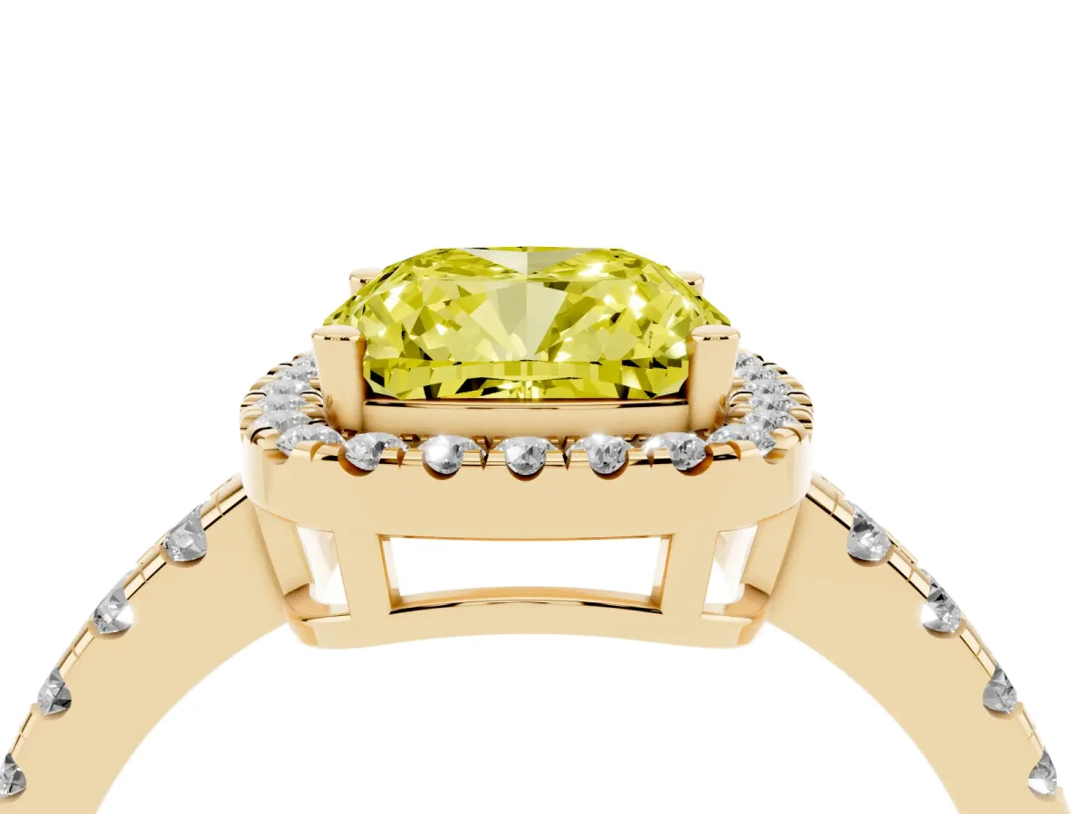 Fancy Yellow Cushion Cut Diamond Halo Ring with Pavé Band and Four-Prong Setting Yellow gold