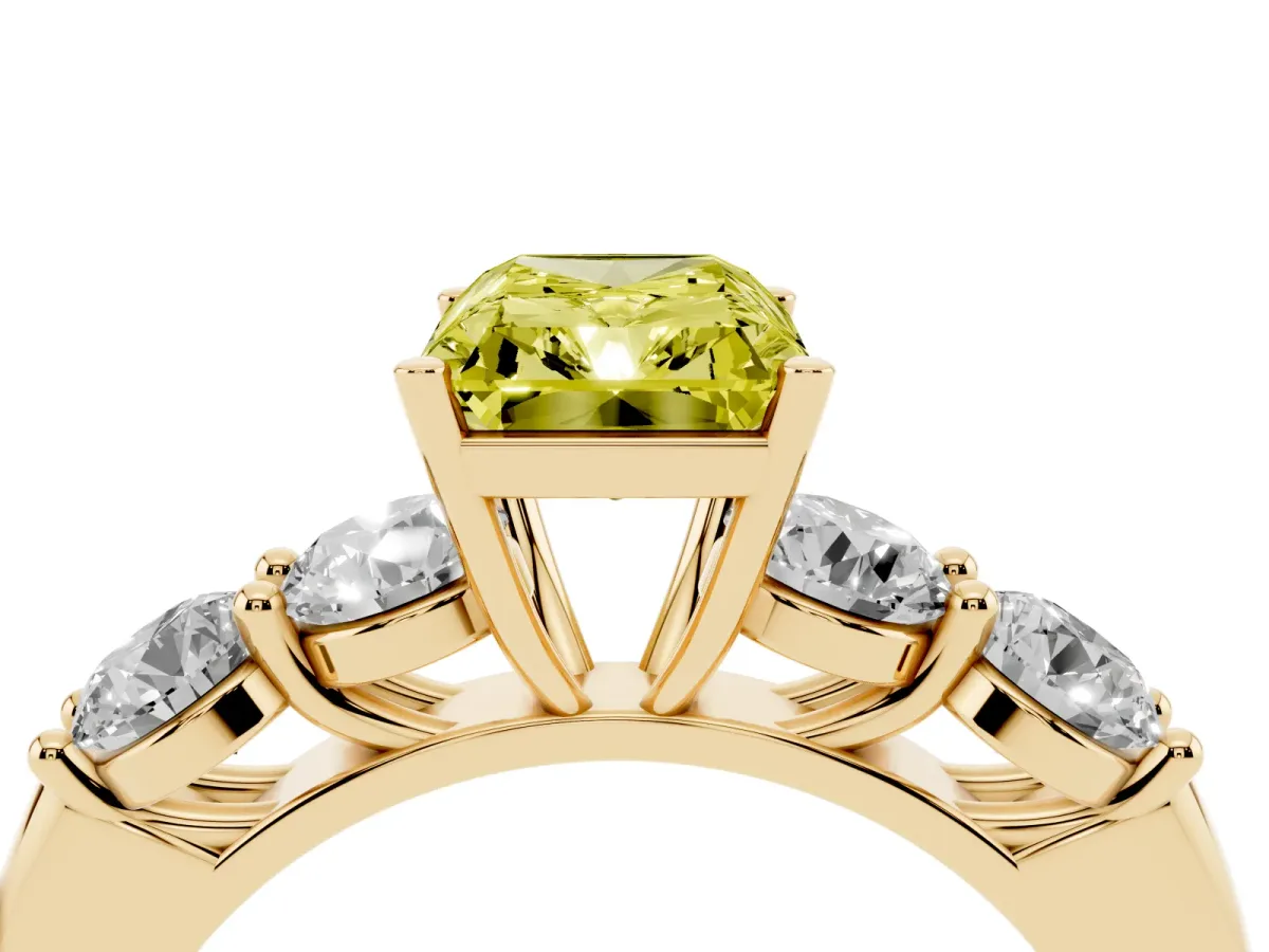 Fancy Yellow Radiant Cut Cut Five-Stone Prong Set Diamond Ring with Classic Band Yellow gold