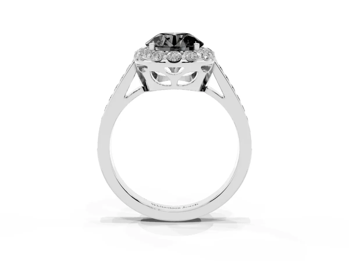 Fancy Black Round Cut Diamond Floral Halo Ring with Pavé Band and Prong Setting Silver