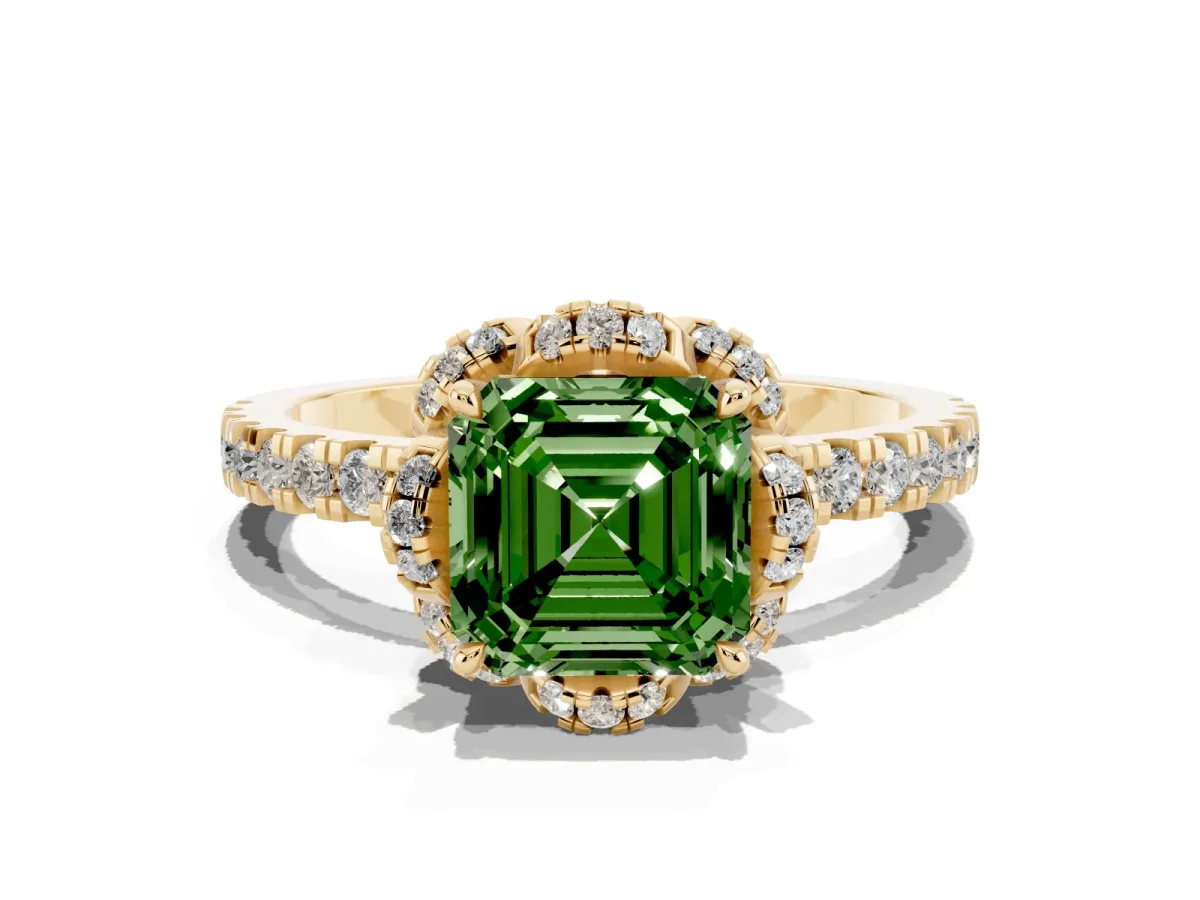 Fancy Green Asscher Cut Diamond Halo Pave Band with Four-Prong Setting Yellow gold