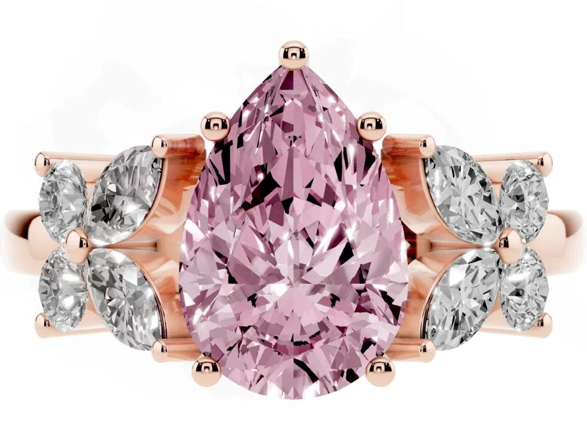 Fancy Pink Pear Cut Diamond Floral Cluster Ring with Solitaire Band and Prong Setting Rose gold