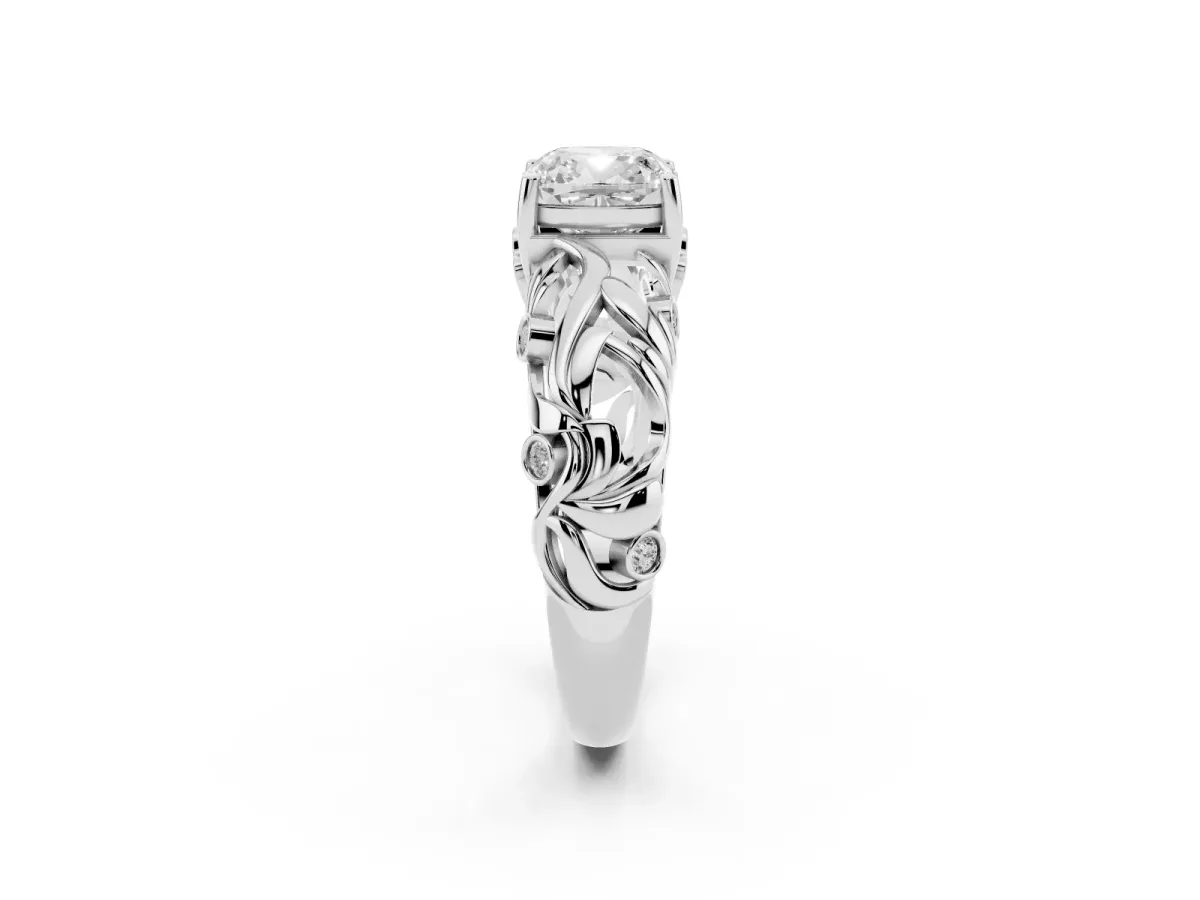 Cushion Cut Solitaire Diamond Leaf-Inspired Vine Band Ring with Prong Setting Platinum