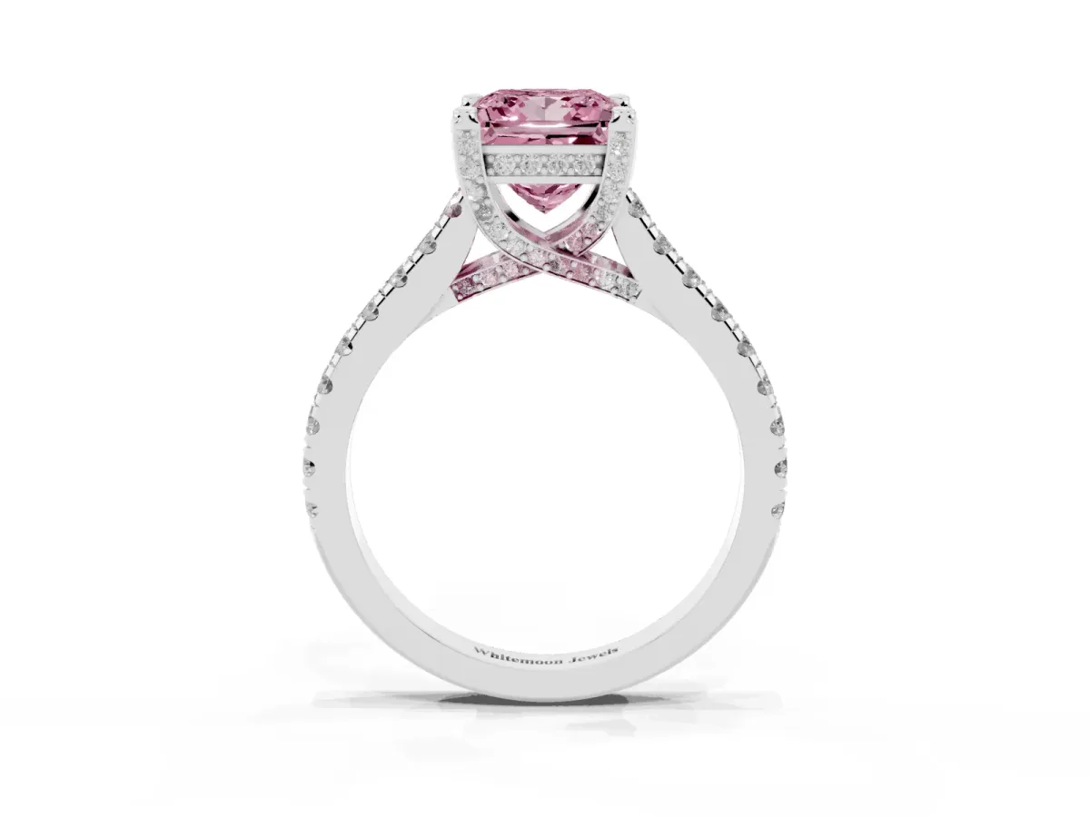 Fancy Pink Princess Cut Brilliant Diamond Solitaire with Pavé Band and Four-Prong Setting Silver