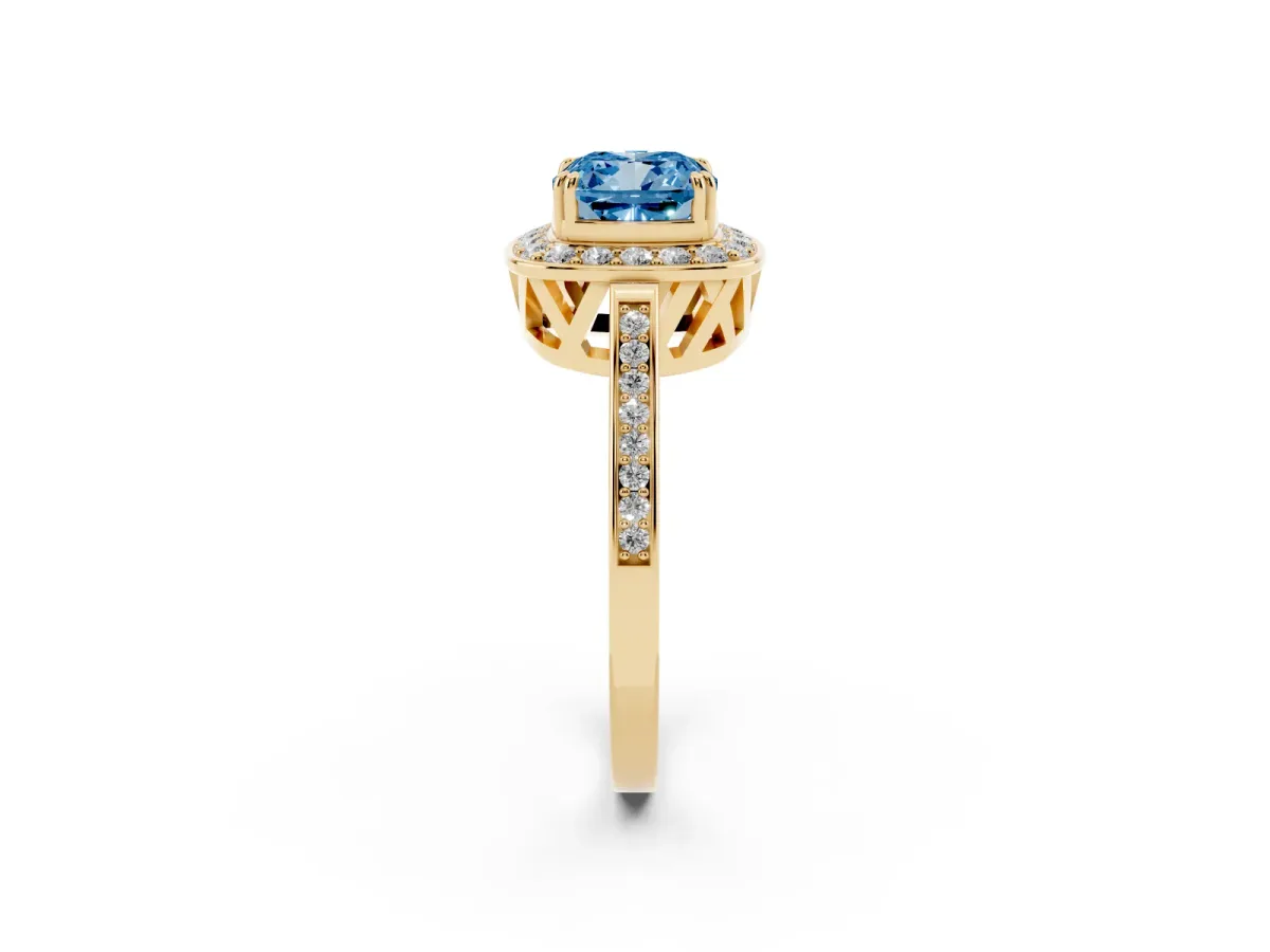Fancy Blue Cushion Cut Diamond Halo Ring with Split Shank and Four-Prong Setting Yellow gold