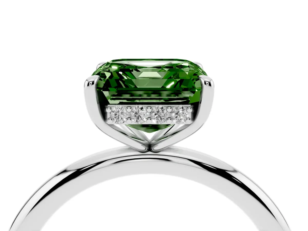 Fancy Green Asscher Cut Diamond Solitaire Ring with Thin Band and Four-Prong Setting Silver