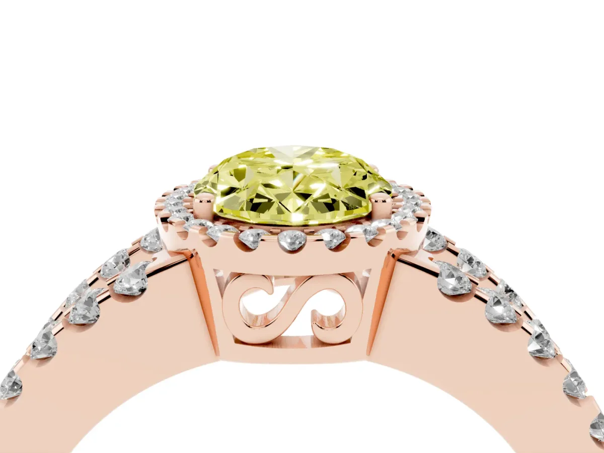 Fancy Yellow Oval Cut Cut Halo Split Shank Diamond Ring with Four-Prong Setting Rose gold