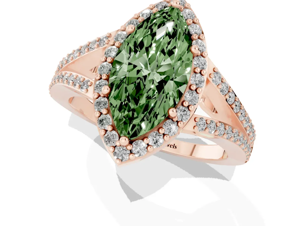 Fancy Green Marquise Cut Halo Split Shank Diamond Ring with Prong Setting Rose gold