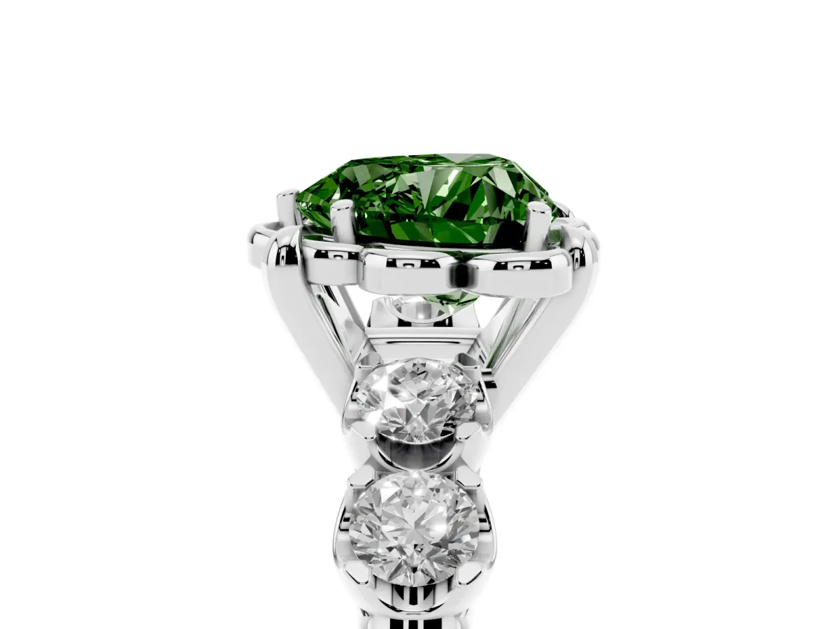 Fancy Green Heart Cut Cut Diamond Floral Halo Engagement Ring with Shared Prong Setting Platinum