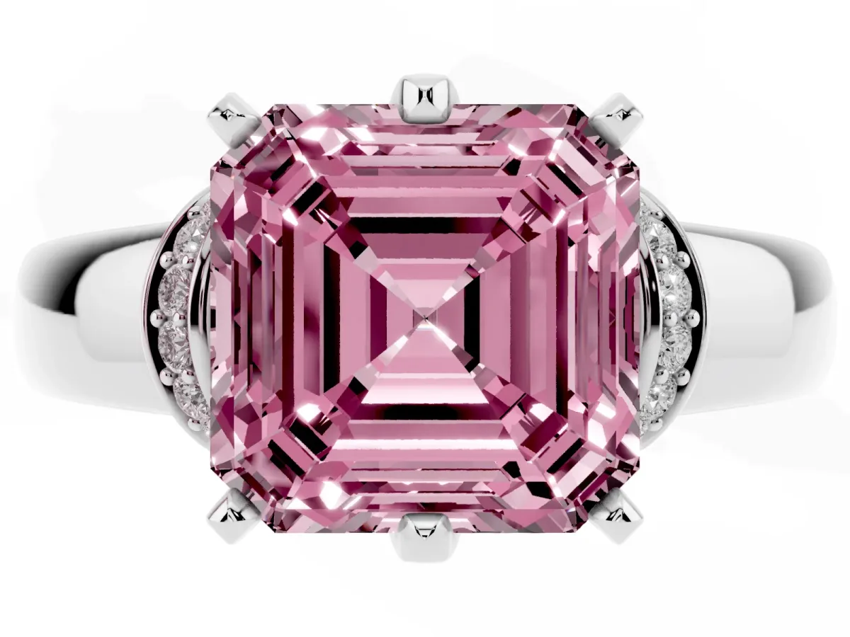Fancy Pink Asscher Cut Solitaire Diamond Ring with Pave Band and Six-Prong Setting Silver