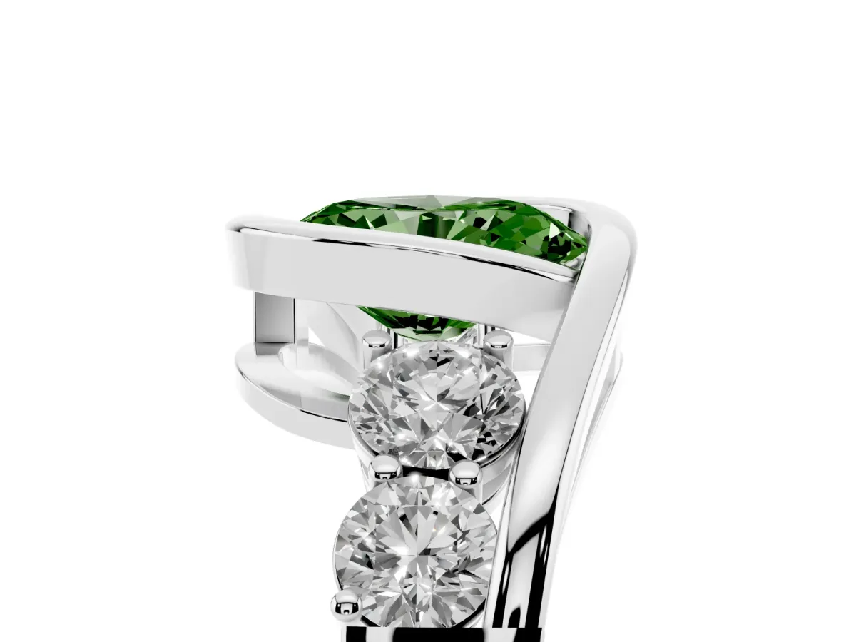 Fancy Green Bezel Set Oval Cut Diamond Bypass Ring with Round Accents Silver