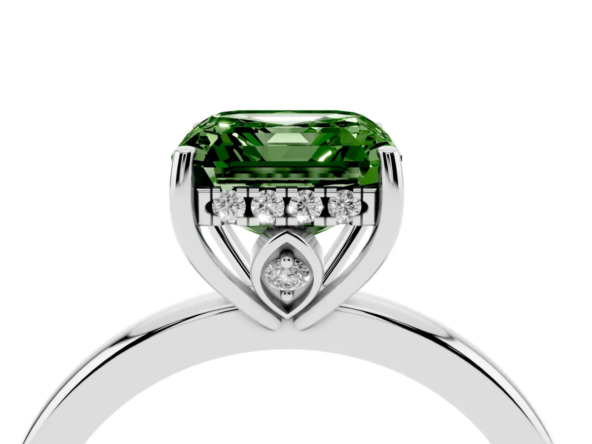 Fancy Green Asscher Cut Solitaire Diamond Ring with Prong Setting and Plain Band White gold