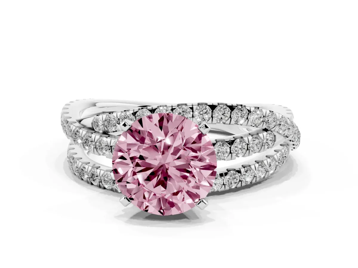 Fancy Pink Round Cut Solitaire Twist Band with Pavé Setting and Four-Prong Setting Silver