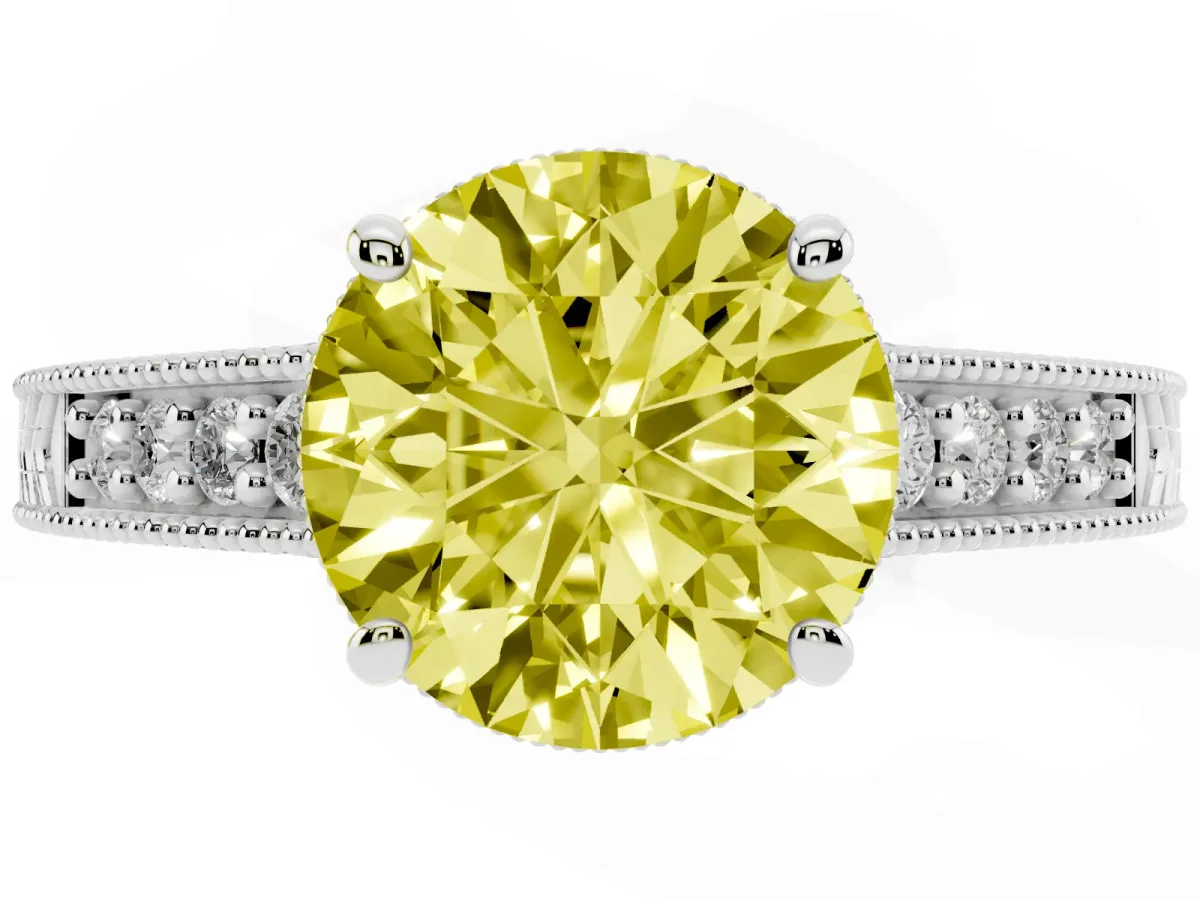 Fancy Yellow Round Cut Solitaire Pavé Diamond Milgrain Engagement Ring with Four-Prong Setting Silver