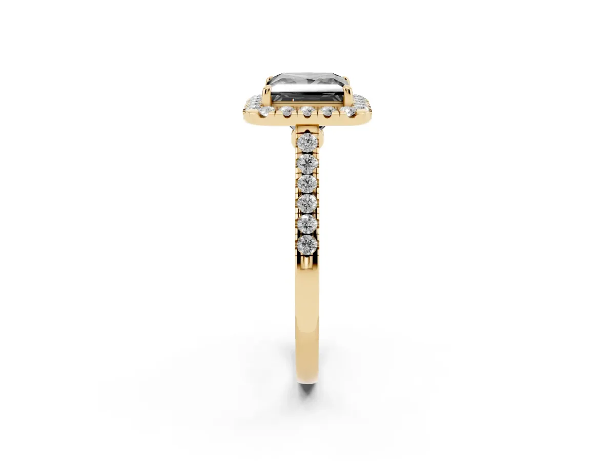 Fancy Black Princess Cut Halo Pave Diamond Engagement Ring with Four-Prong Setting Yellow gold