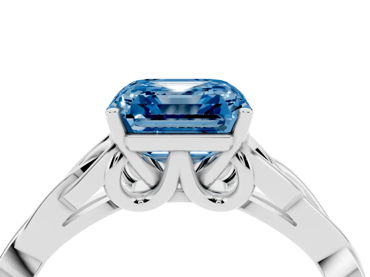Fancy Blue Asscher Cut Diamond Solitaire Engagement Ring with Celtic Knot Band and Four-Prong Setting Silver