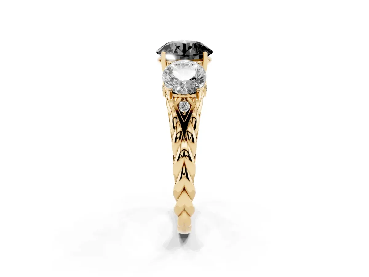 Fancy Black Three-Stone Round Cut Diamond Braided Band Ring with Four-Prong Setting Yellow gold