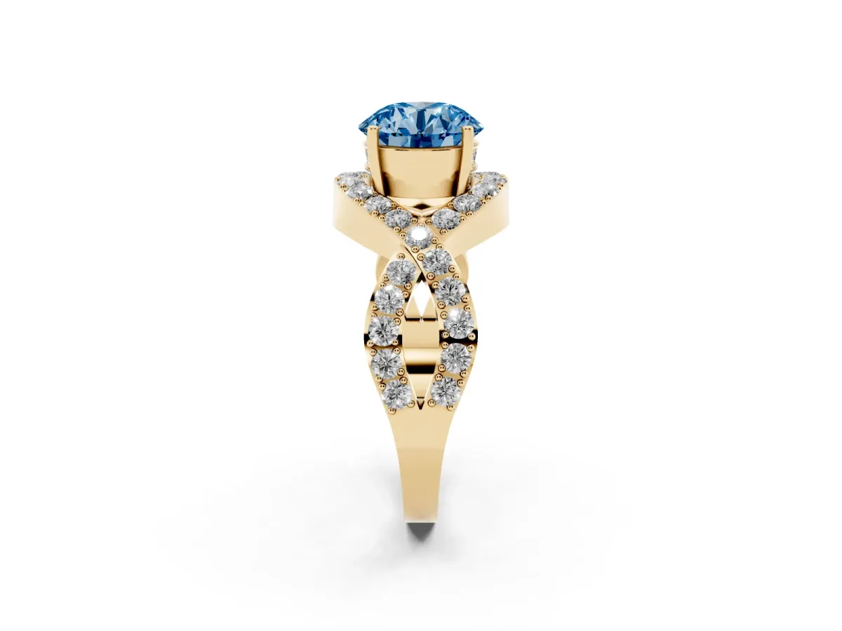 Fancy Blue Round Cut Solitaire Twist Band Pavé Diamond Engagement Ring Yellow gold