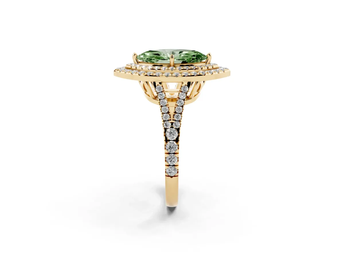 Fancy Green Marquise Cut Diamond Double Halo Ring with Pavé Band and Prong Setting Yellow gold
