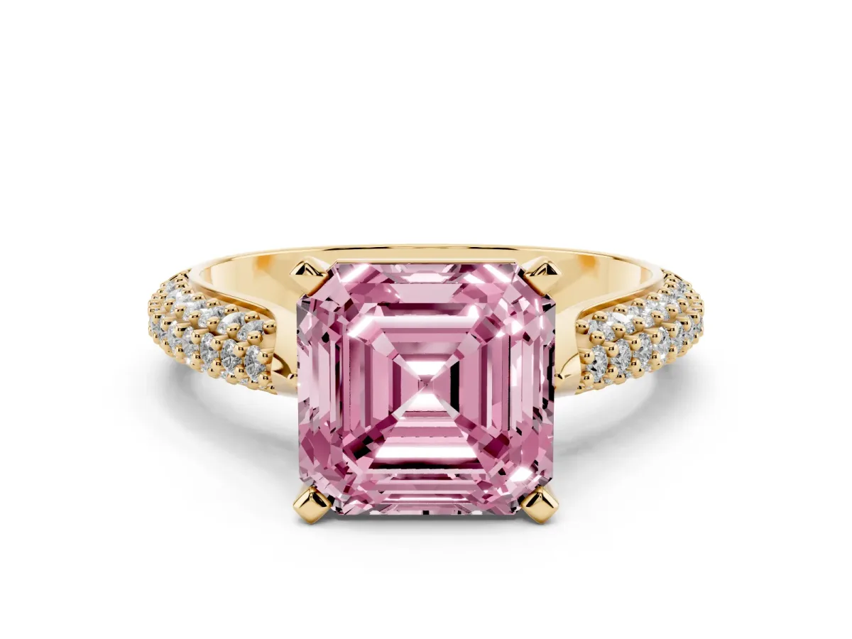 Fancy Pink Asscher Cut Diamond Solitaire Engagement Ring with Multi-Row Round Pavé Band and Prong Setting Yellow gold