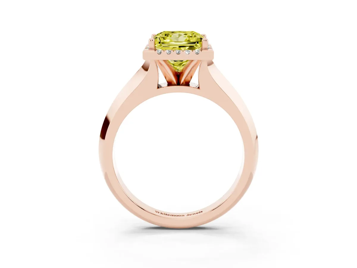 Fancy Yellow Princess Cut Halo Diamond Ring with Cathedral Band and Four-Prong Setting Rose gold