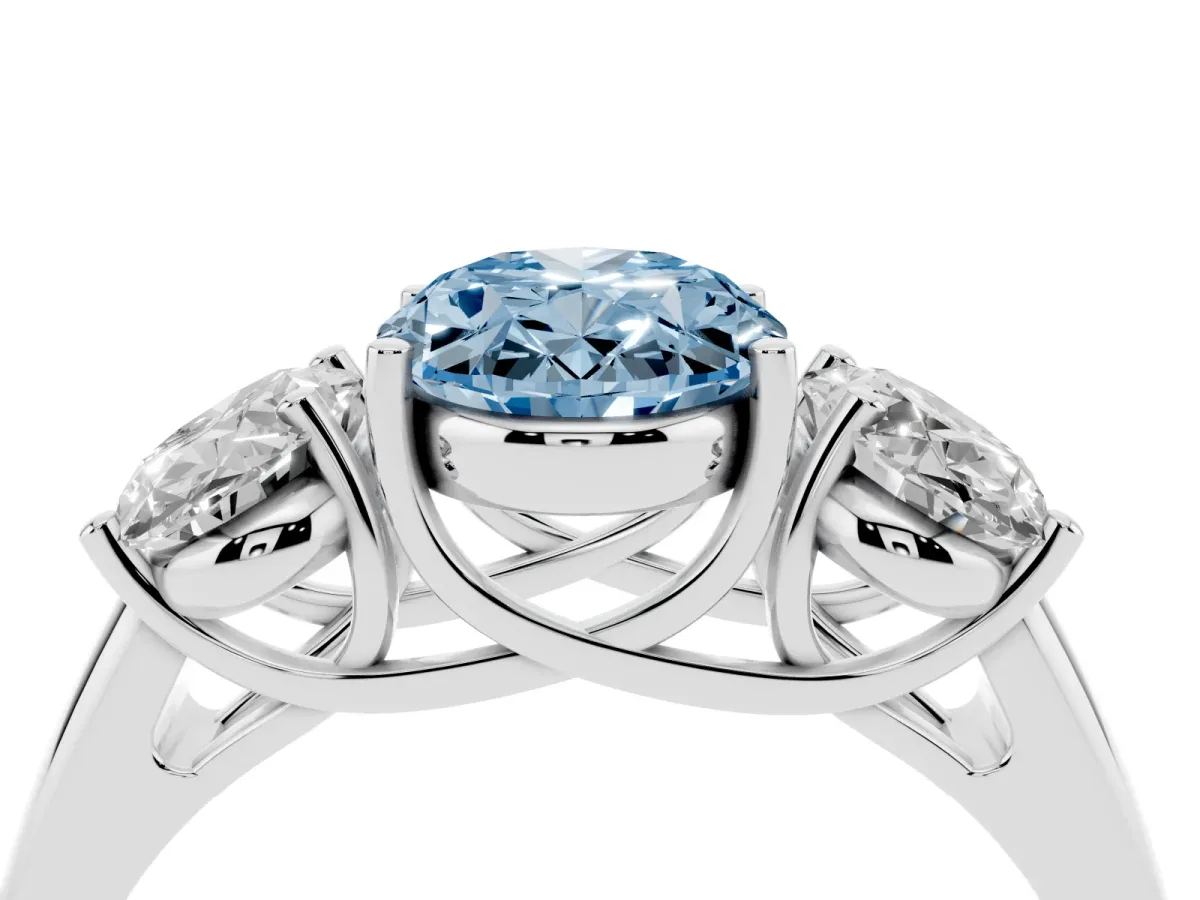 Fancy Blue Three-Stone Oval Cut Diamond Engagement Ring with Prong Setting Silver