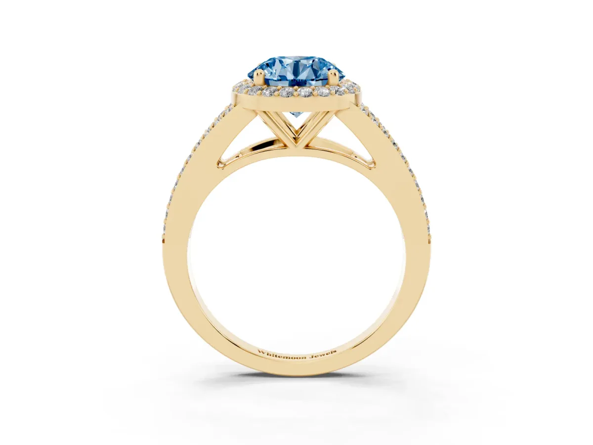 Fancy Blue Round Cut Halo Split Shank Diamond Ring with Prong Setting Yellow gold