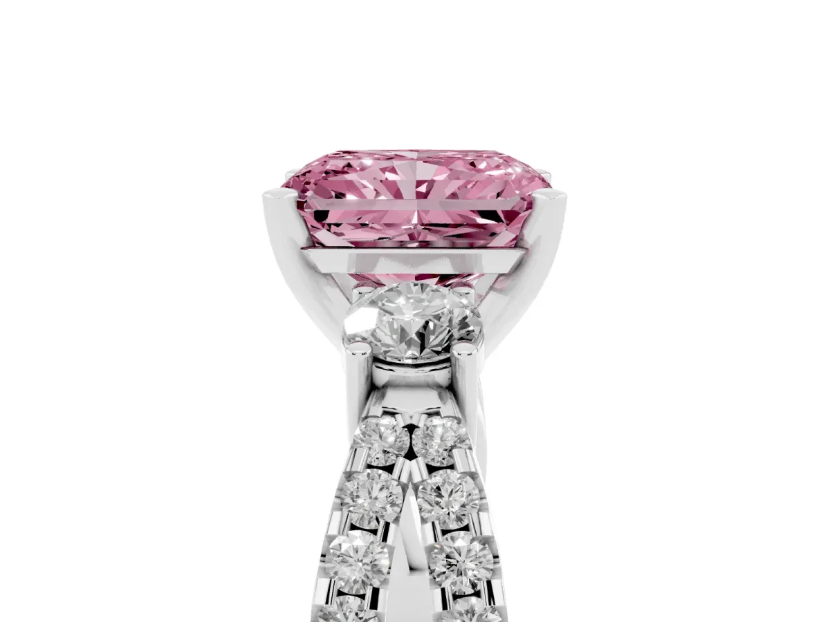 Fancy Pink Radiant Cut Diamond Three-Stone Ring with Pavé Split Shank and Four-Prong Setting Silver
