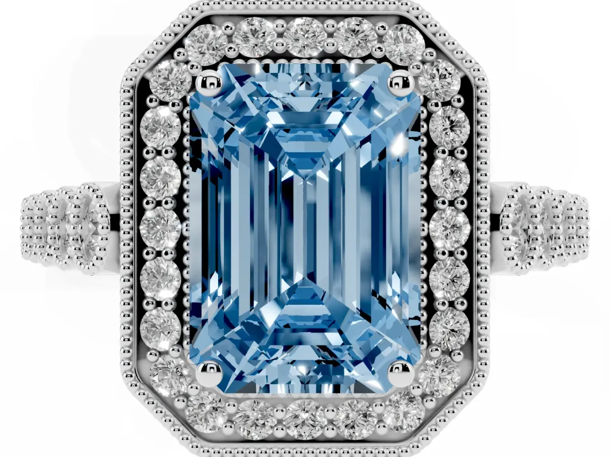 Fancy Blue Emerald Cut Halo Milgrain Solitaire with Bezel Set Side Stones and Pave Band White gold