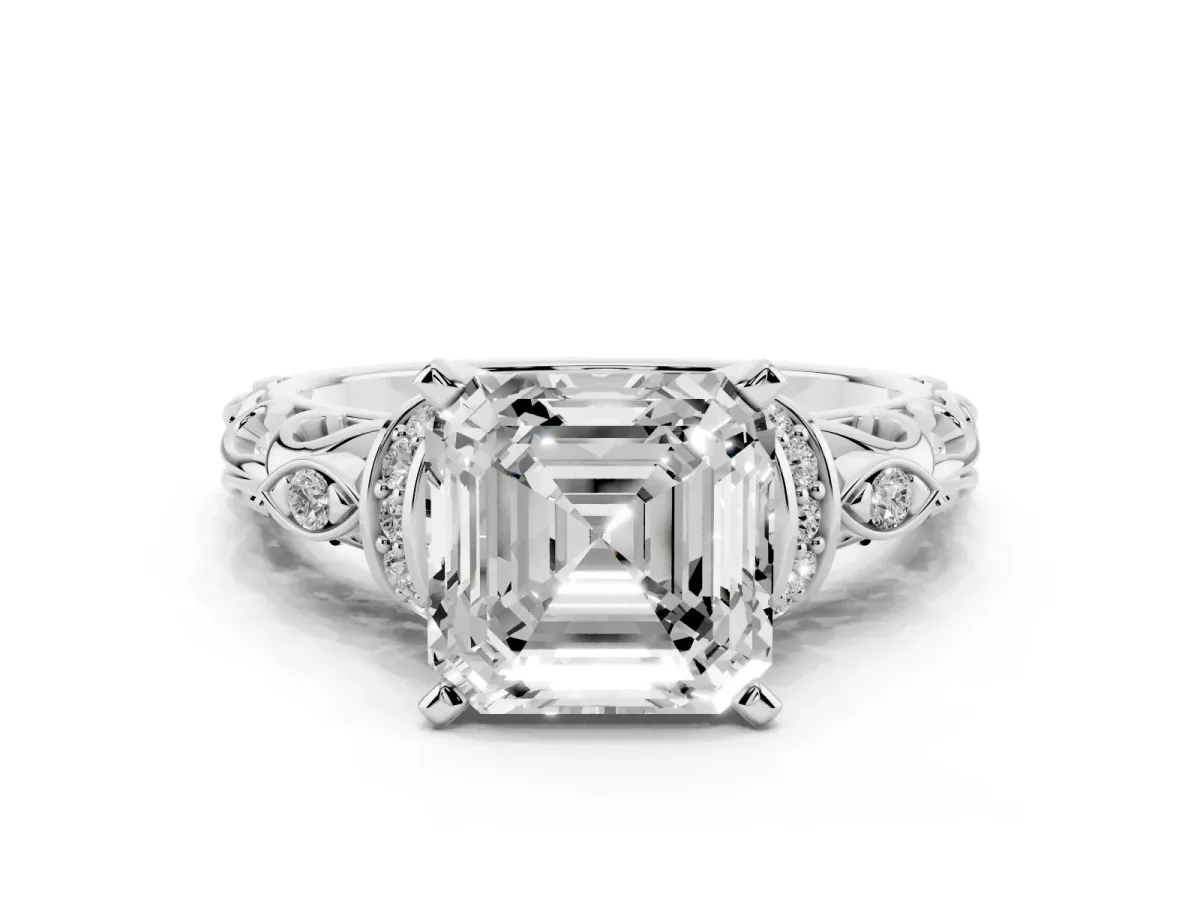 Asscher Cut Diamond Solitaire Ring with Filigree Band and Four-Prong Setting Silver