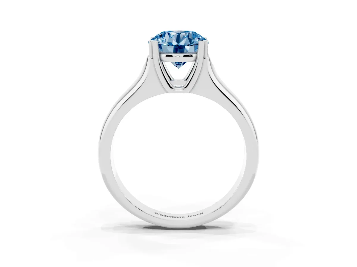 Fancy Blue Round Cut Diamond Solitaire Ring with Wide Band and Prong Setting Silver