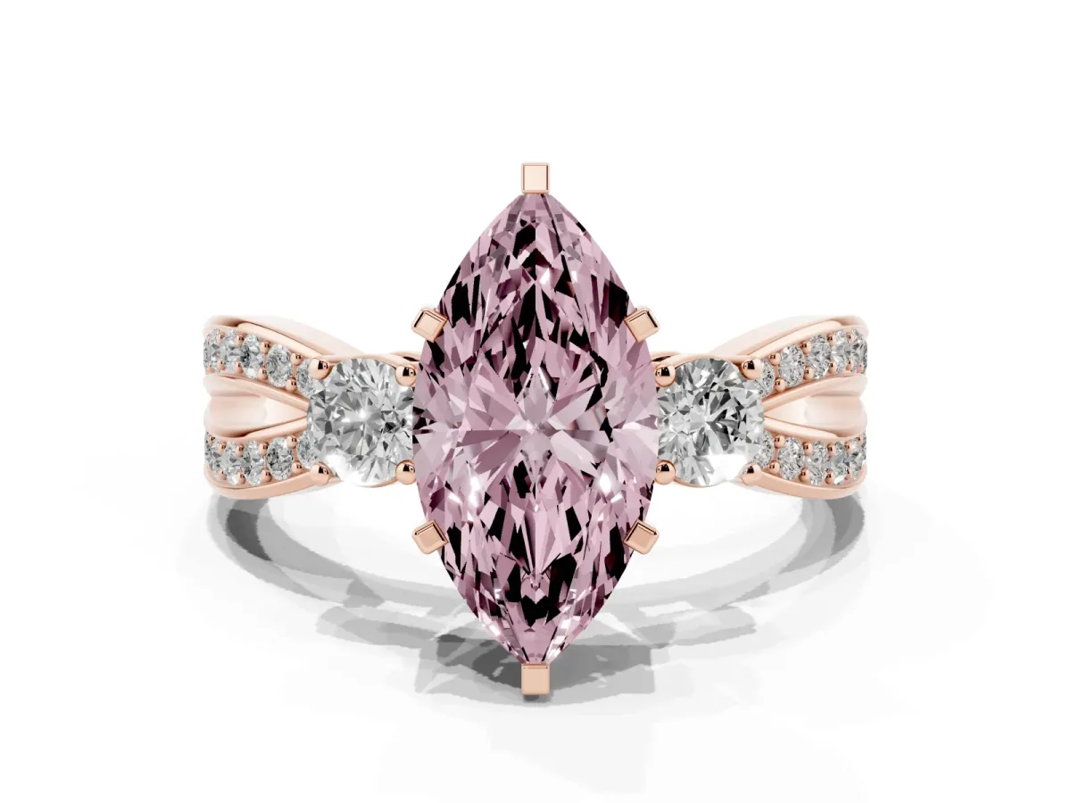 Fancy Pink Three-Stone Marquise Cut Cut Diamond Twist Band with Prong Setting Rose gold