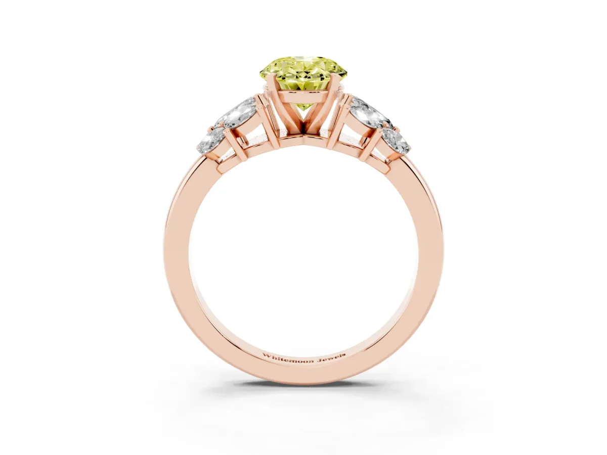 Fancy Yellow Oval Cut Diamond Cluster Leaf Design Ring with Prong Setting Rose gold