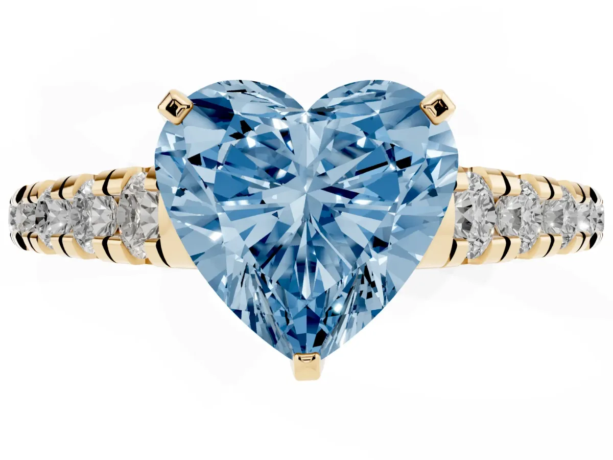 Fancy Blue Heart Cut Diamond Cathedral Solitaire Ring with Round Pavé Band Yellow gold