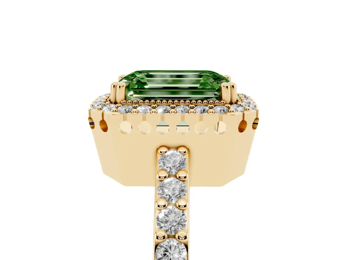 Fancy Green Emerald Cut Cut Diamond Halo Engagement Ring with Milgrain Detail and Pavé Band Yellow gold