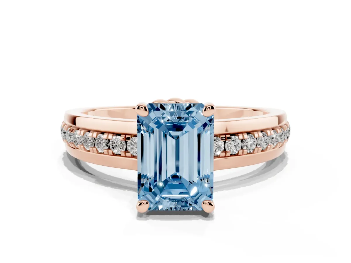 Fancy Blue Emerald Cut Solitaire Diamond Ring with Channel Set Band and Six-Prong Setting Rose gold