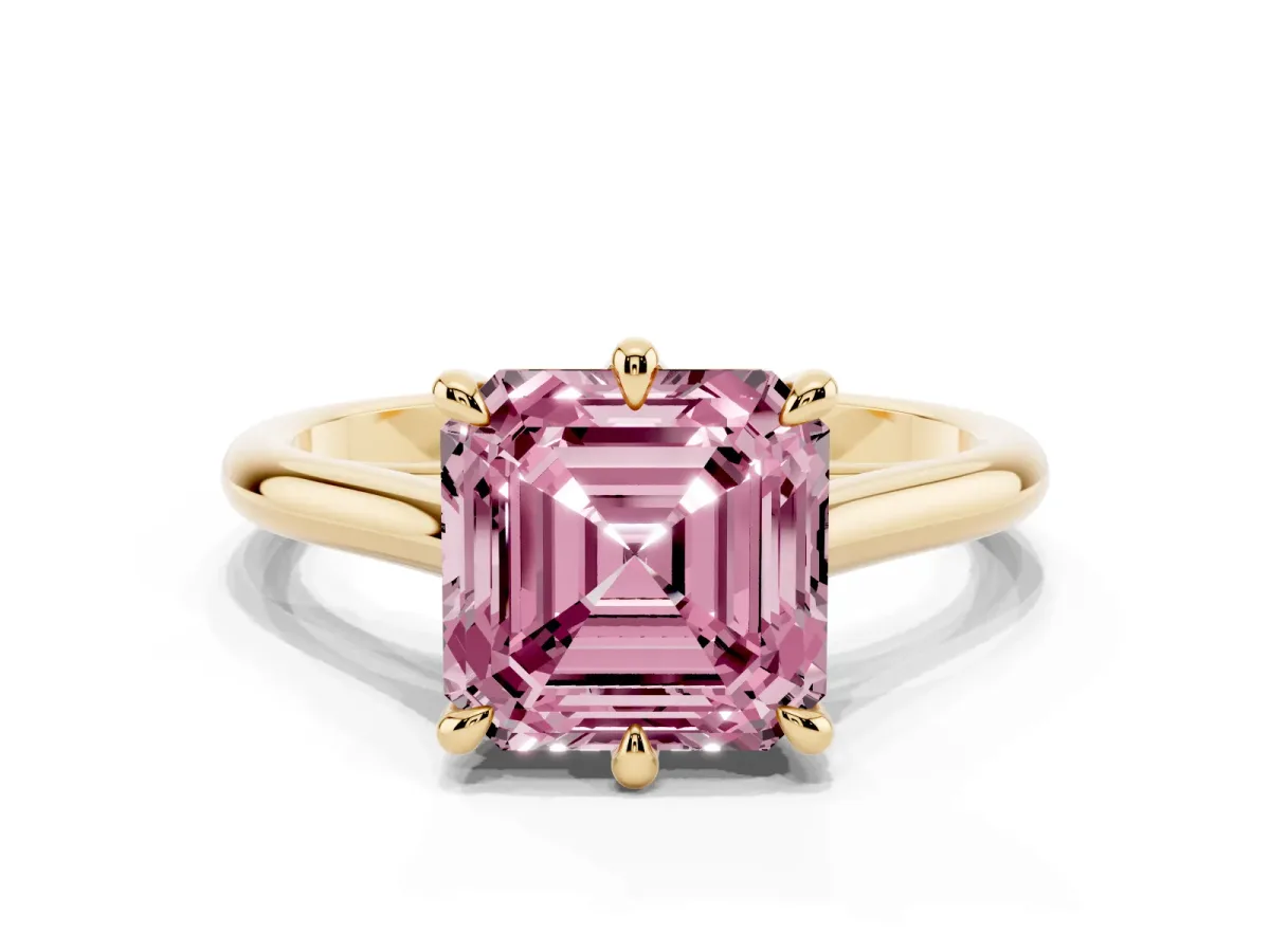 Fancy Pink Asscher Cut Solitaire Engagement Ring with Six-Prong Setting and Classic Band Yellow gold