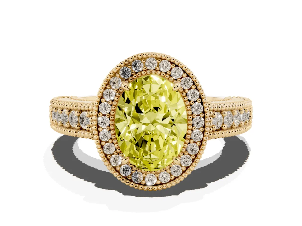 Fancy Yellow Oval Cut Cut Halo Diamond Ring with Pavé Band and Four-Prong Setting Yellow gold