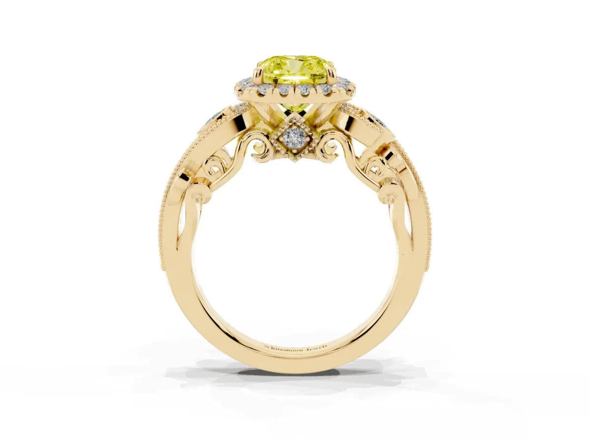 Fancy Yellow Cushion Cut Diamond Halo Ring with Milgrain Pavé Band and Four-Prong Setting Yellow gold