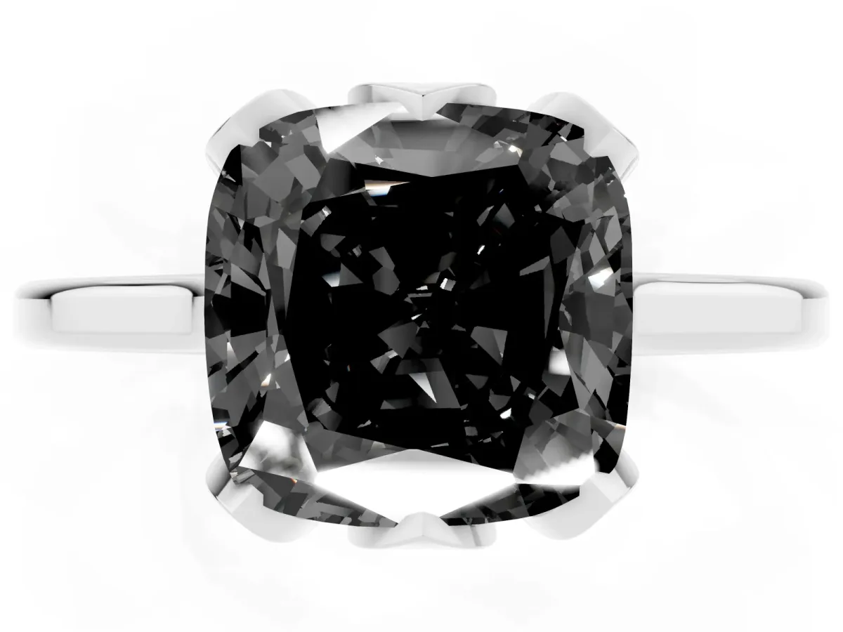 Fancy Black Cushion Cut Diamond Solitaire Ring with Flower Prong Setting and Classic Band Silver