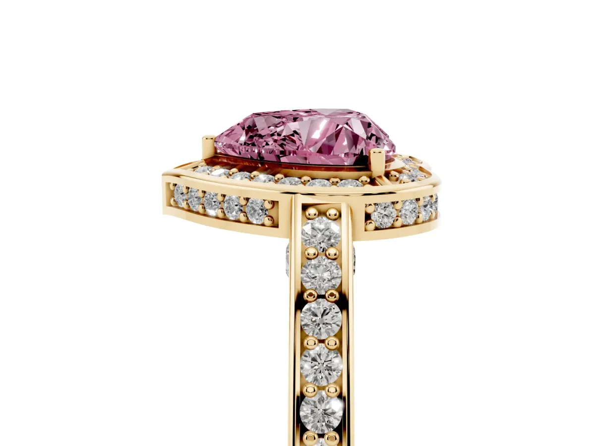 Fancy Pink Heart Cut Cut Halo Pave Split Shank Prong Setting Ring Yellow gold