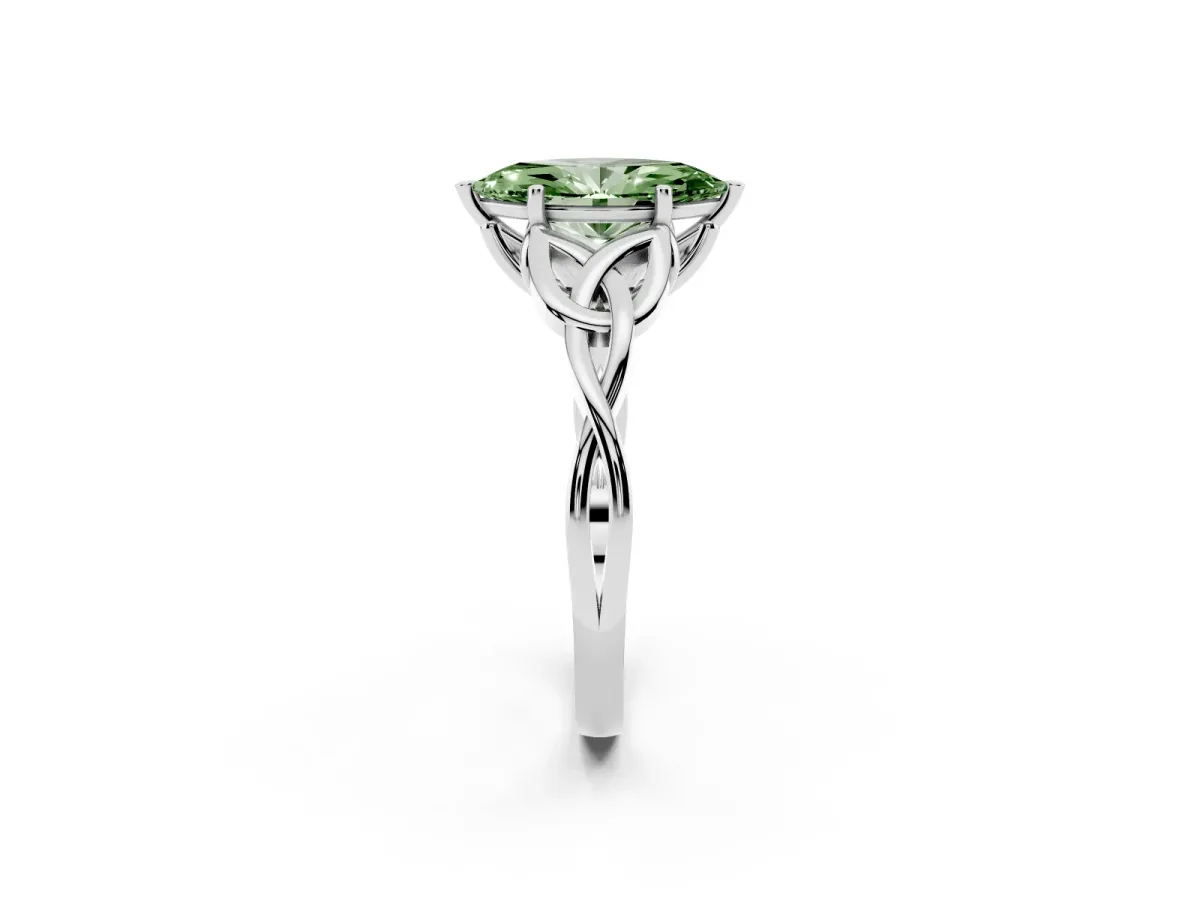 Fancy Green Marquise Cut Diamond Solitaire Engagement Ring with Celtic Knot Band and Four-Prong Setting Platinum