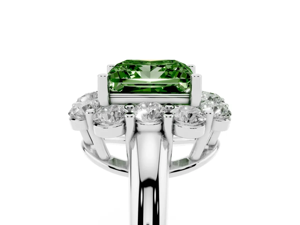 Fancy Green Princess Cut Halo Milgrain Solitaire with Bezel Set Side Stones and Pave Band Silver