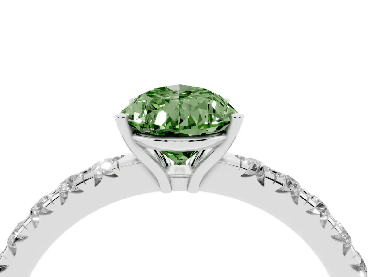 Fancy Green Pear Cut Diamond Pavé Solitaire Engagement Ring with Four-Prong Setting Silver
