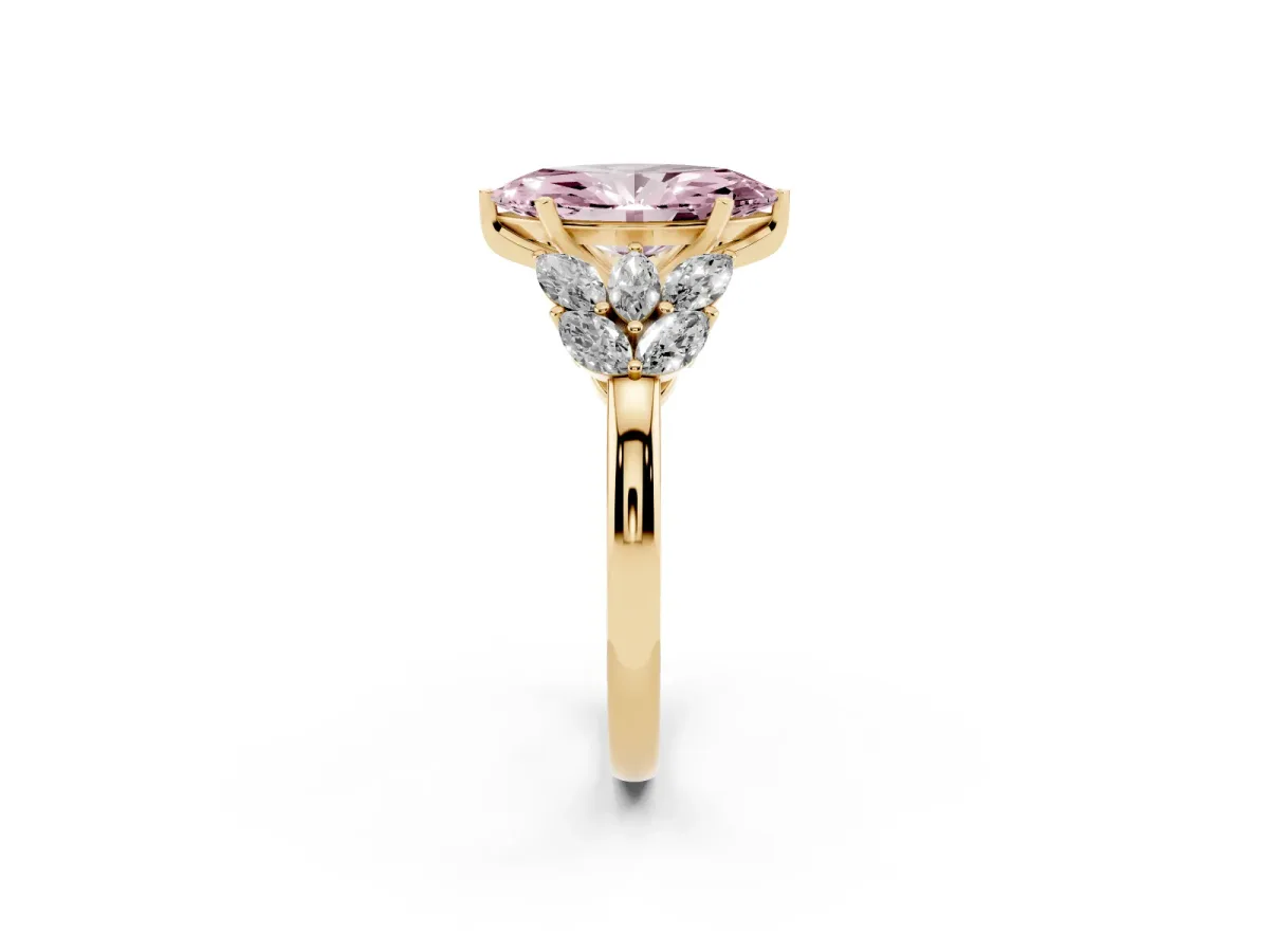 Fancy Pink Marquise Cut Diamond Cluster Leaf Design Ring with Prong Setting Yellow gold