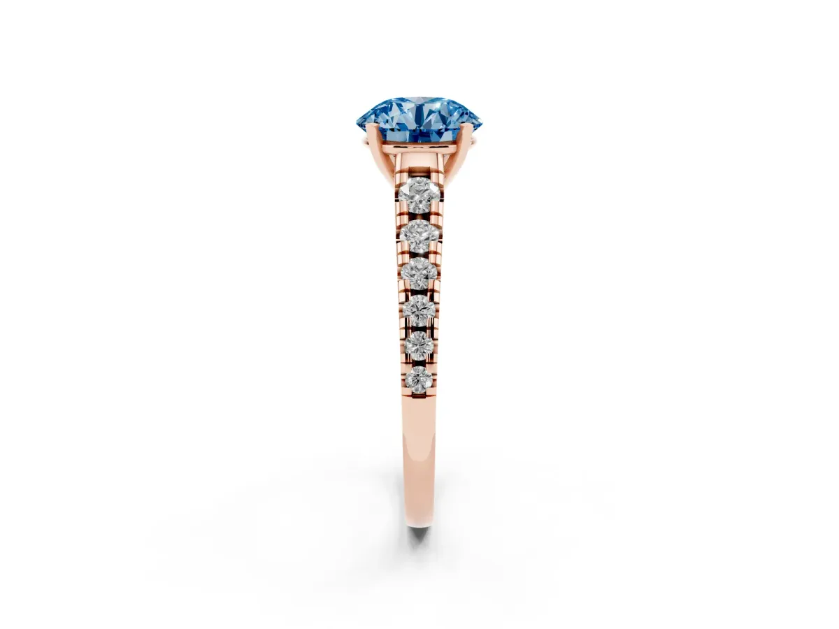 Fancy Blue Round Cut Diamond Cathedral Solitaire Ring with Round Pavé Band Rose gold