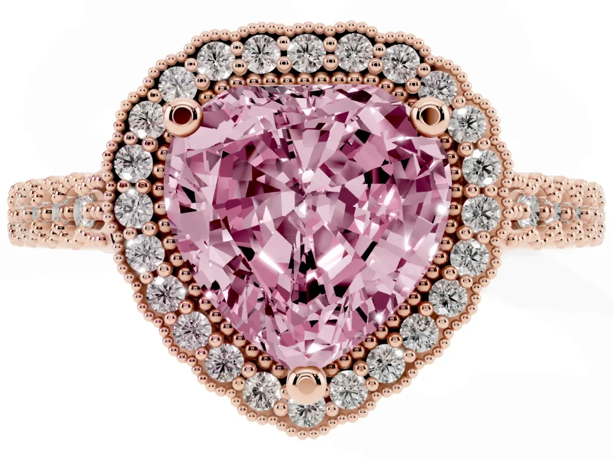 Fancy Pink Heart Cut Cut Halo Pavé Solitaire Ring with Milgrain Band Rose gold